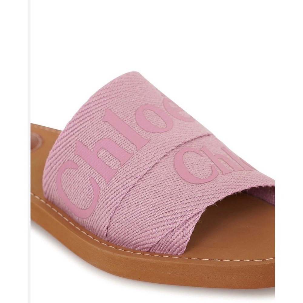 Chloe Woody Flat Slide Sandals Purple‎ Pink Canvas Logo Ribbon Square Toe Italy